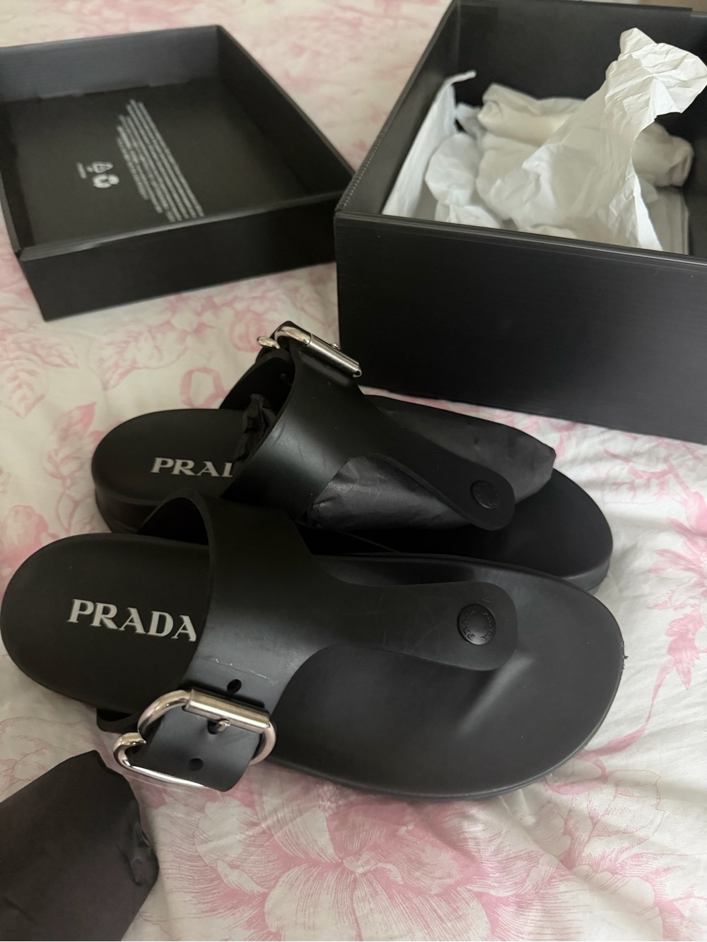 Prada Black Rubber Slide Sandals with Silver Buckle